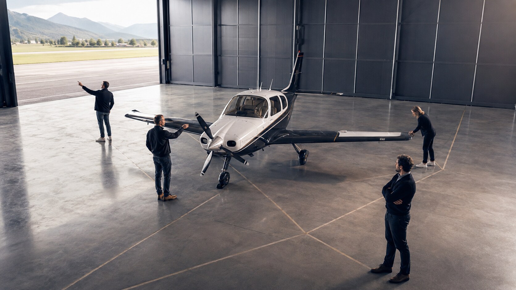 Four co-owners positioned around a shared aircraft in a hangar
