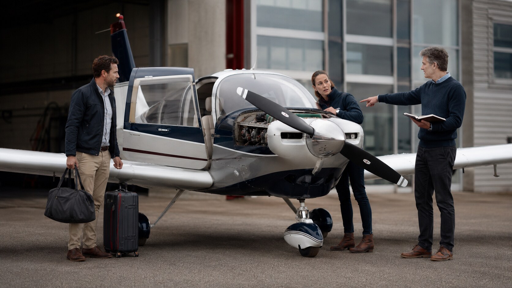 Three co-owners confronting conflicting travel and maintenance priorities around an aircraft